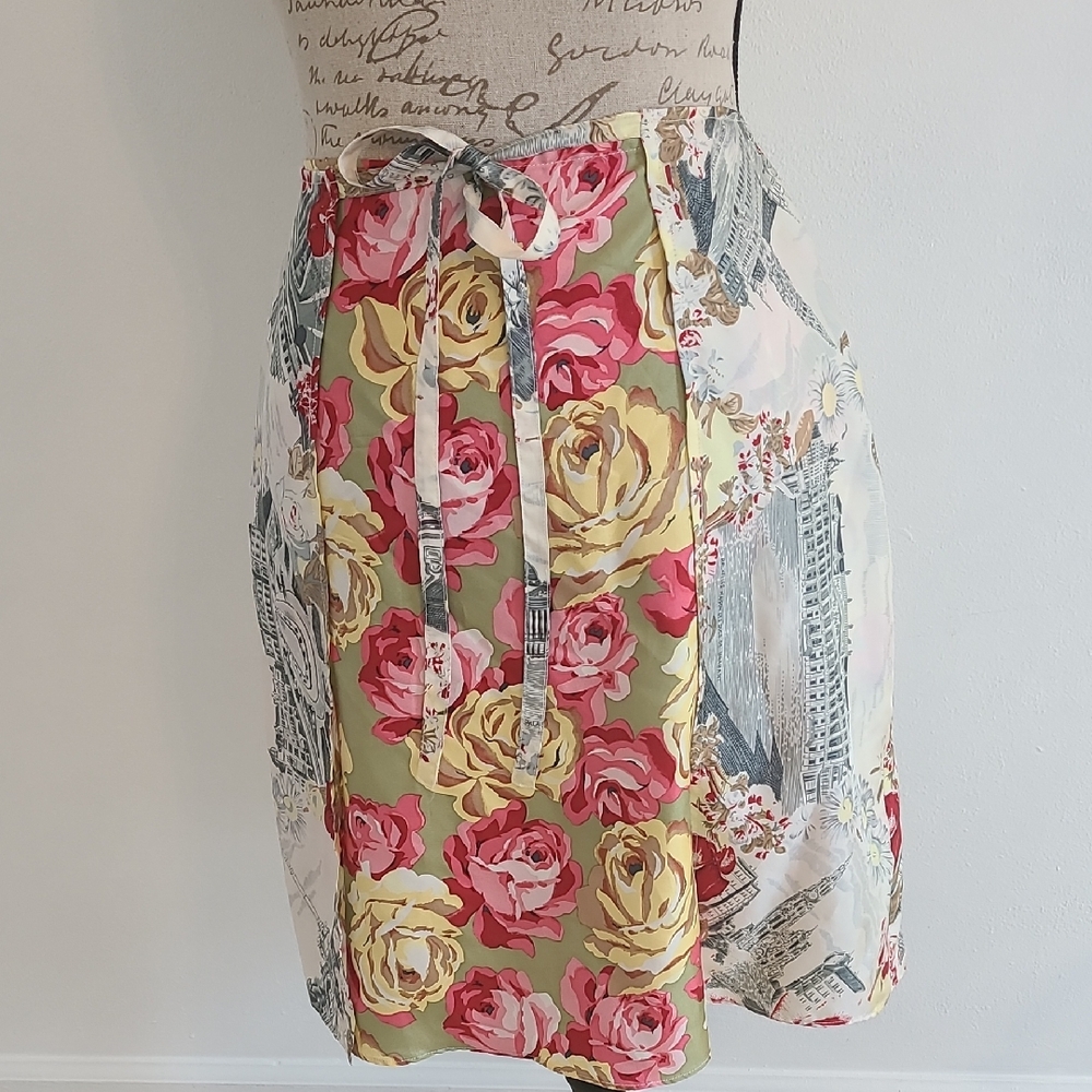 Anthropologie Elevenses Floral European Silk Wrap Skirt Bow Tie Flowers Rose